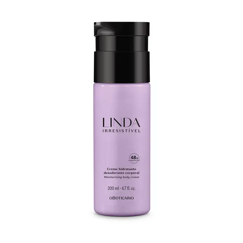 Frasco lilás com tampa e letras pretas contendo 200ml de loção hidratante corporal da marca Linda Irresistível.