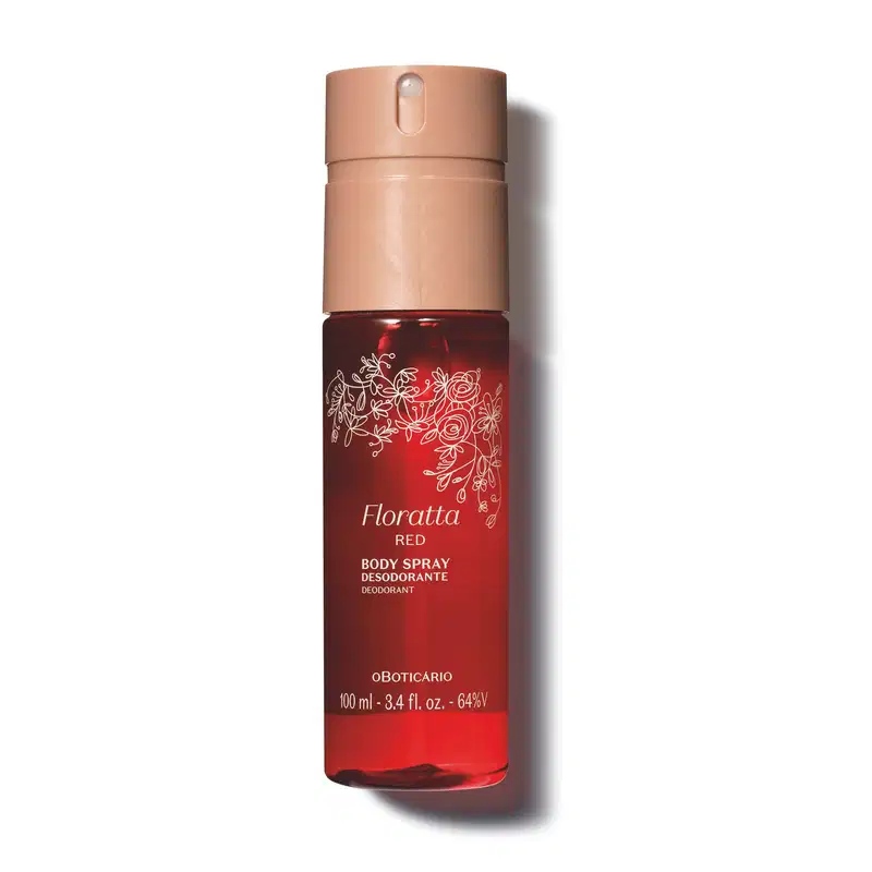 Parte inferior do frasco é vermelha e tranparente, enquanto a tampa é bege.O  rótulo tem detalhes florais em branco e o texto "Floratta RED BODY SPRAY DESODORANTE DEODORANTE oBoticario 100 ml - 3.4 fl. oz. - 64% V". Embalagem compacta e portátil.