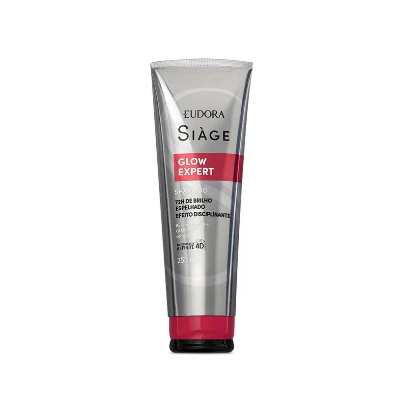Frasco de shampoo Siàge Glow Expert, com embalagem de plástico transparente e rótulo vermelho e preto. O produto promete efeito disciplinante e brilho intenso nos cabelos.