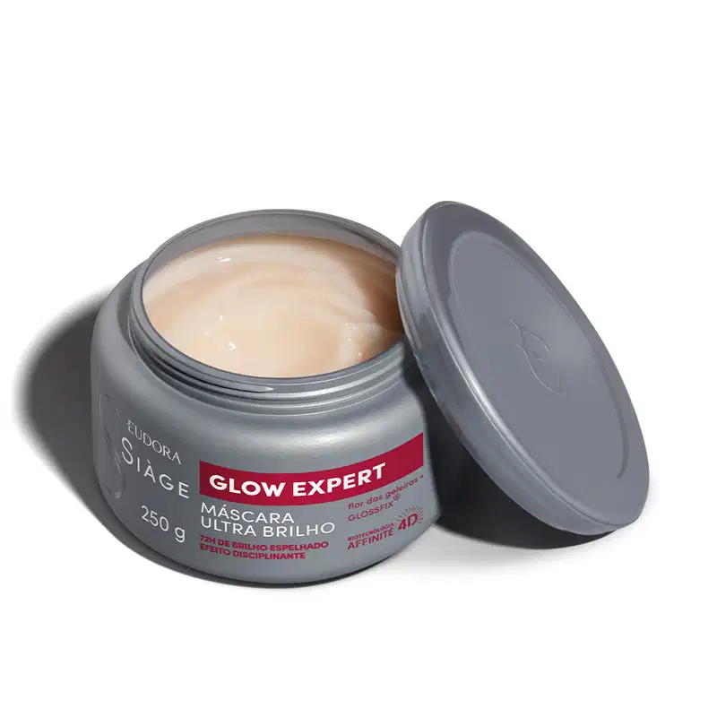 Pote de máscara capilar Siàge Glow Expert, com 250g de produto, embalagem cinza redonda tipo pote com tampa de rosquear com detalhes em vermelho, rótulo indicando "Máscara Ultra Brilho" e "Efeito Disciplinante".
