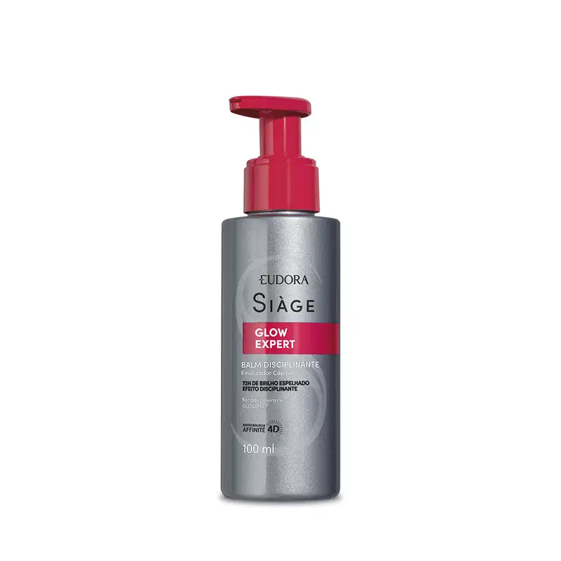 Frasco de 100 ml do Balm Disciplinante Glow Expert da linha Siàge, com embalagem prateada e tampa vermelha tipo pump, indicando um produto para cuidados com a pele e promovendo o brilho.