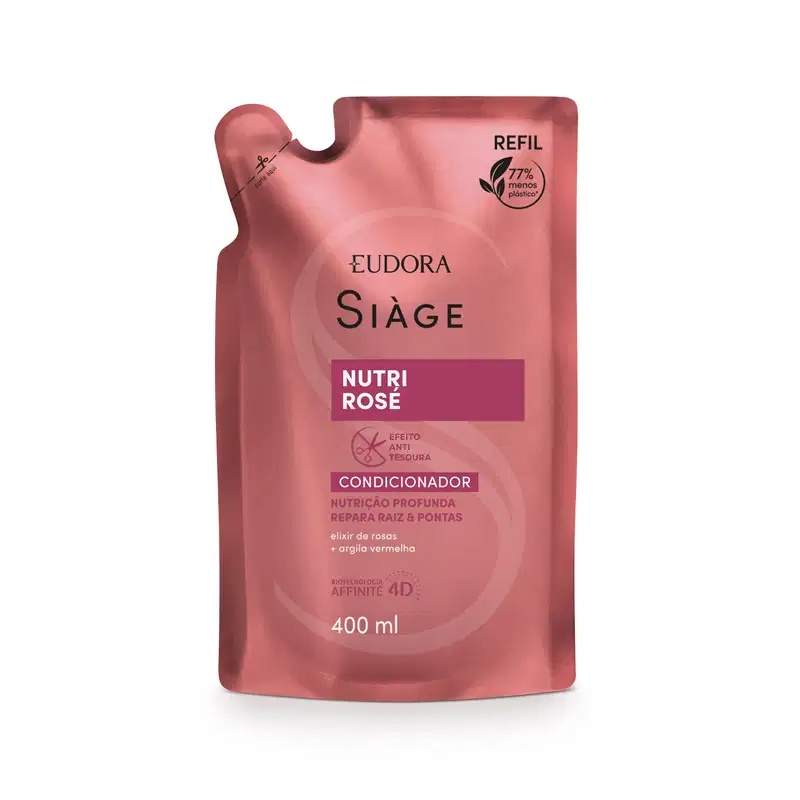 Refil de condicionador Nutri Rose da linha Siàge da marca Eudora. Embalagem flexível em tom rosa salmão com detalhes em rosa claro. Rótulo em letras brancas e rosa escuro.