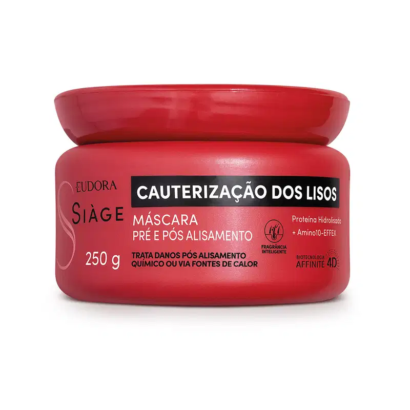 Máscara pré e pós alisamento da linha Siàge, em embalagem vermelha com rótulo preto destacando "Cauterização dos Lisos". Produto de 250g com proteína hidrolisada e Amino10-EFFEX, para tratamento de danos após alisamento químico ou fontes de calor.