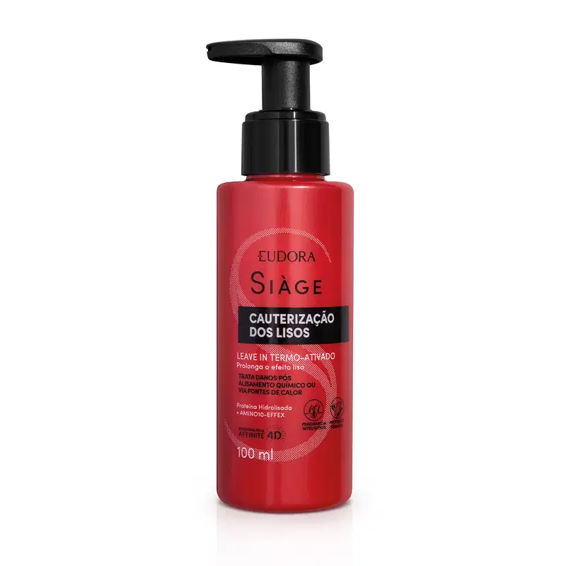 Frasco de tratamento capilar Siàge Eudora, com bomba dosadora preta, contendo 100 ml de produto de cor vermelha. O rótulo apresenta o nome "Siàge" e a descrição "Cauterização dos lisos".
