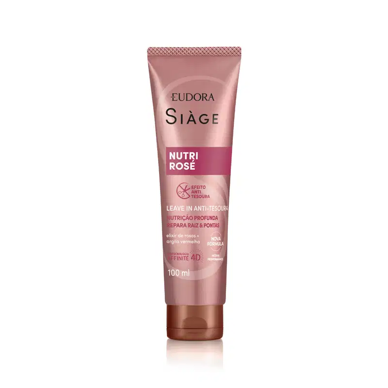 Tubo de 100 ml do leave-in anti-ressecamento Nutri Rosé da linha Siàge da Eudora, com embalagem rosa e detalhes em dourado, contendo informações sobre sua fórmula com elixir de rosas e argila vermelha.