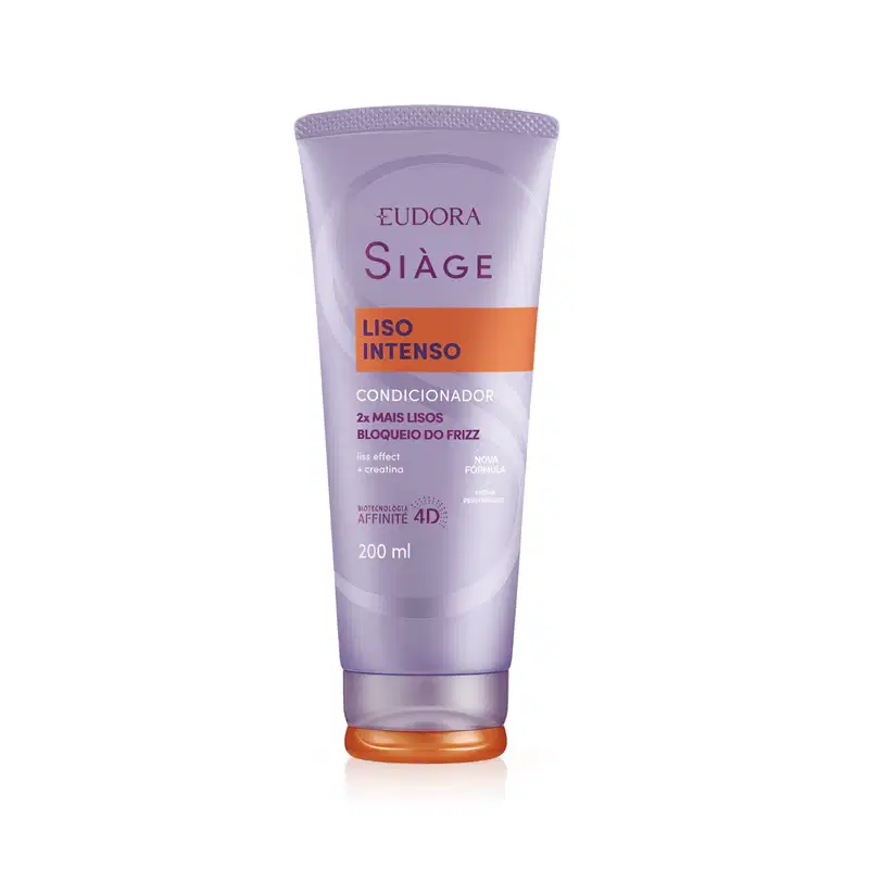 Frasco de condicionador Siàge Liso Intenso, com embalagem roxa e laranja, contendo 200 ml do produto. O rótulo destaca os benefícios de maior alisamento e controle do frizz.