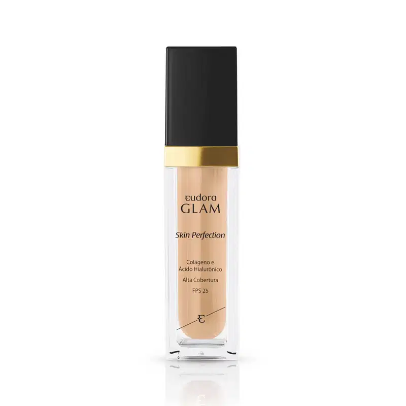 Frasco de maquiagem Eudora Glam Skin Perfection, com embalagem preta e detalhes dourados, contendo informações sobre o produto, como colageno, ácido hialurônico e FPS 25.