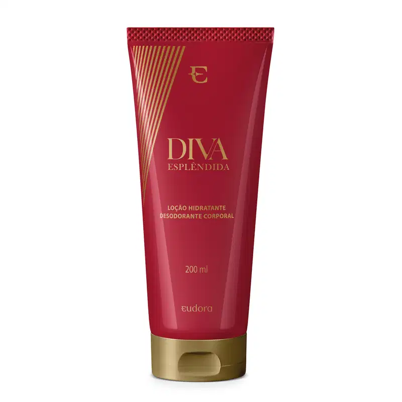 Loção hidratante desodorante corporal Diva Esplêndida em embalagem plástica vermelha de 200ml. Embalagem tubular com detalhes dourados na base. Rótulo vermelho com listras diagonais douradas e o logotipo da marca Diva em dourado. Volume de 200ml.