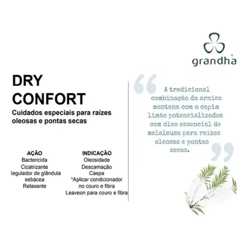 Imagem de embalagem de produto para cuidados especiais com raízes oleosas e pontas secas, com a marca Grandha e texto "Dry Confort" e descrição dos benefícios.