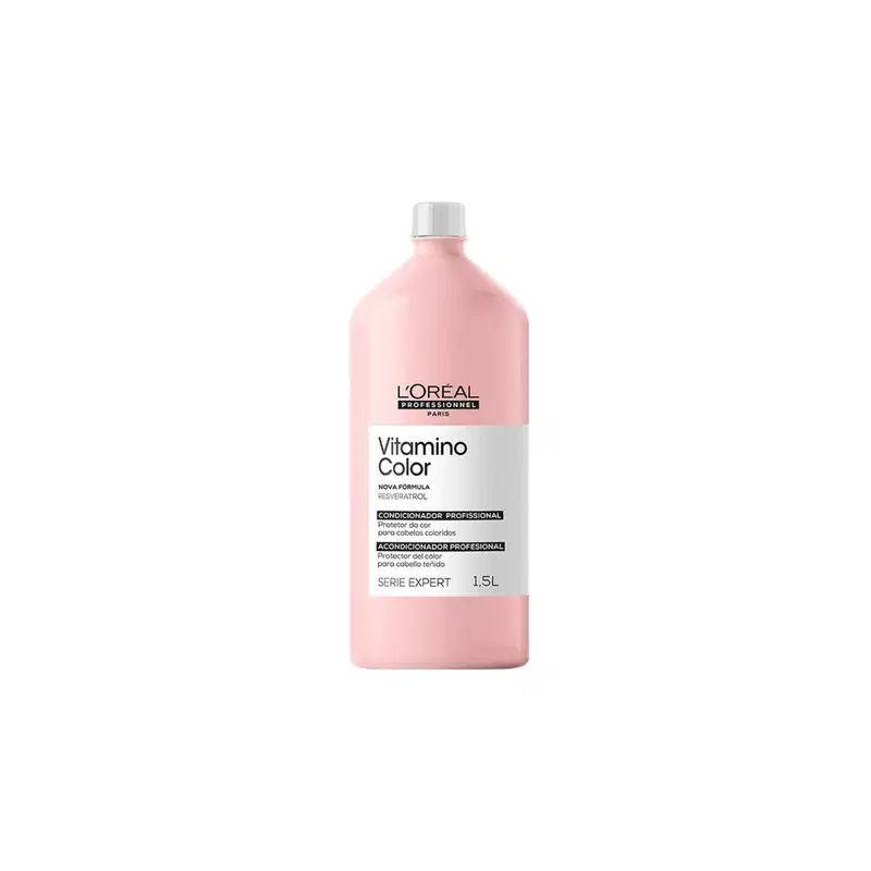 Frasco de condicionador profissional da linha Vitamino Color da L'Oréal Professionnel, com embalagem rosa e branca, rótulo com informações sobre a fórmula e a série Expert.