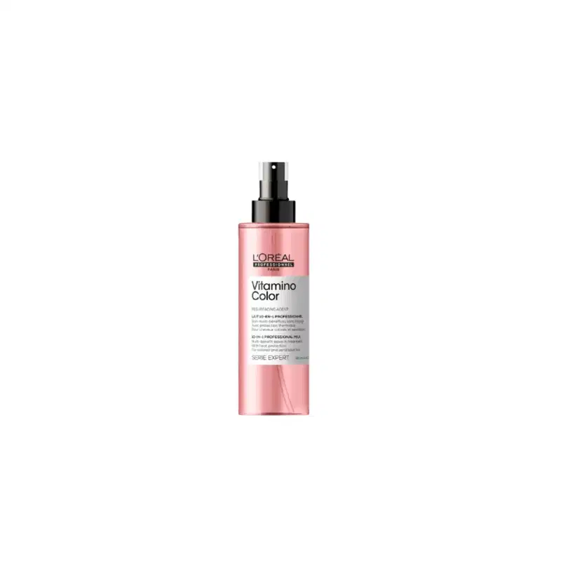 Frasco rosa com pulverizador preto da linha Vitamino Color da L'Oréal Professionnel, um produto de tratamento para cabelos coloridos.