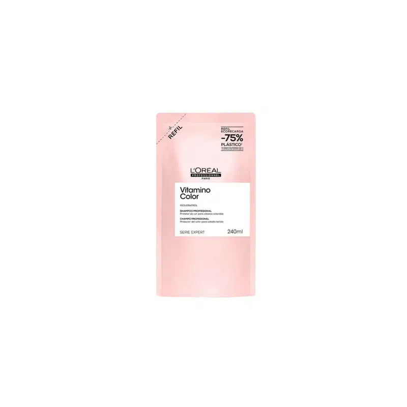 Frasco de shampoo profissional da linha Vitamino Color da L'Oréal Professionnel, com embalagem rosa e informações sobre a fórmula e volume de 240ml.