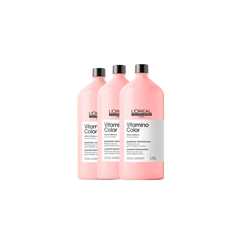 Três frascos de shampoo profissional L'Oréal Professionnel Vitamino Color, com rótulos em rosa e branco, apresentando a marca e a linha de produtos.