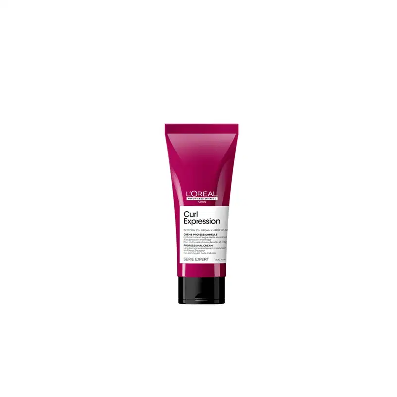 Tubo rosa da linha Curl Expression da L'Oréal Professionnel, contendo creme profissional para cabelos cacheados e ondulados. Embalagem com design moderno e informações sobre a série Expert.