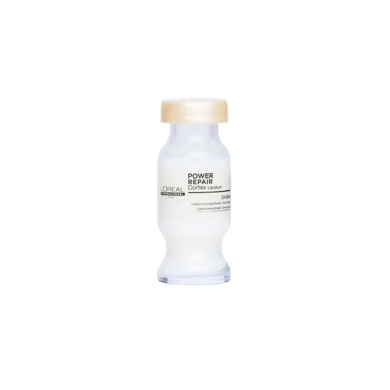 Frasco de tratamento capilar Power Repair da L'Oréal Professionnel, com tampa bege e rótulo branco contendo o nome do produto e a marca. O produto é apresentado em embalagem transparente, destacando seu conteúdo líquido.