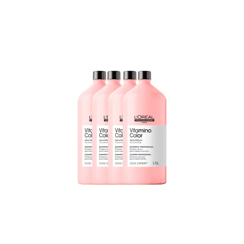 Quatro frascos de shampoo da linha Vitamino Color da L'Oréal Professionnel, com embalagem rosa e rótulos indicando a série e o tipo de produto para cabelos coloridos.