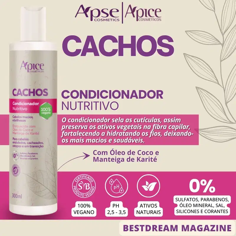 Kit 3 Condicionador Nutritivo Cachos Apse Apice Vegano Cabelo Sem Sulfato 300ml