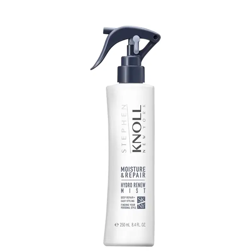 Frasco branco com rótulo "Stephen Knoll" e texto "Moisture & Repair Hydro Renew Mist", com gatilho de pulverização preto, apresentando produto de cuidados capilares para hidratação e reparo.