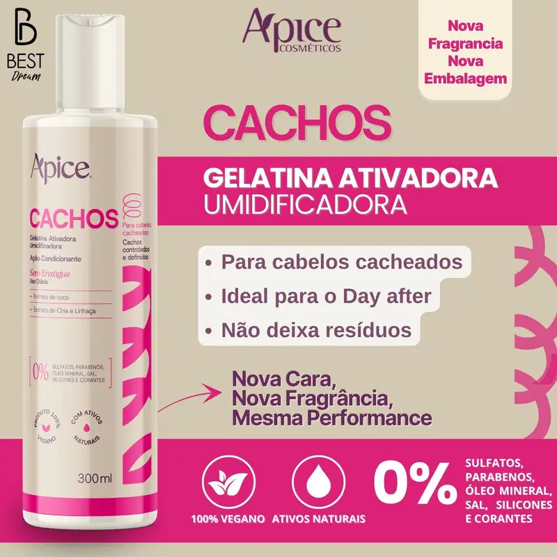 Kit Apice Cachos Shampoo + Condicionador + Gelatina Ativadora Nova Fragrância 300ml