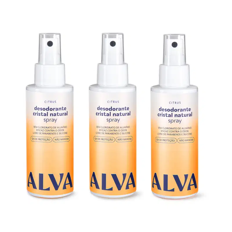 Kit Cristal Natural Alva: Trio 3 Desodorantes Spray 120ml 12 Horas de Proteção Citrus