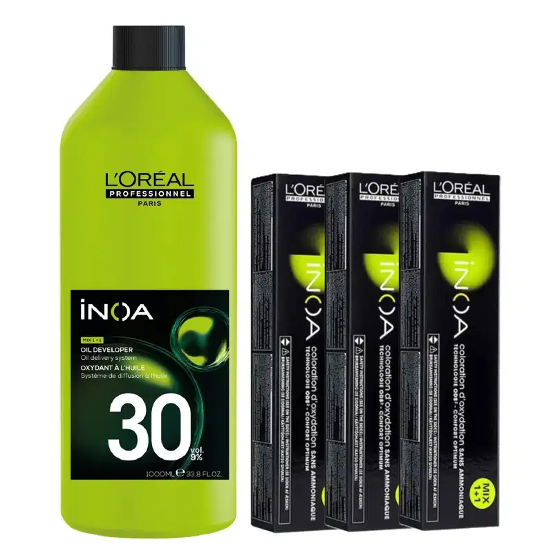 Kit L'Oréal Professionnel Inoa - Oxidante 30 Volumes 1000ml + 03 tinturas - Coloração nº 6.8 - Louro Escuro Marrom
