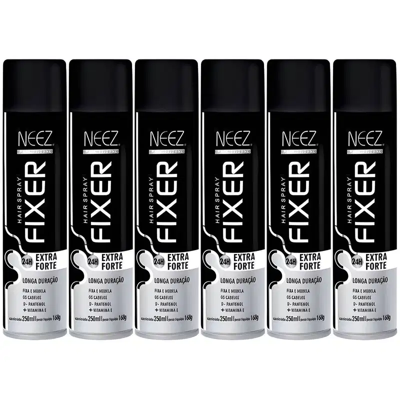 Kit 6 Spray Fixador De Cabelo Profissional Neez Laque Capilar Fixação Extra Forte 24 Horas 250ml