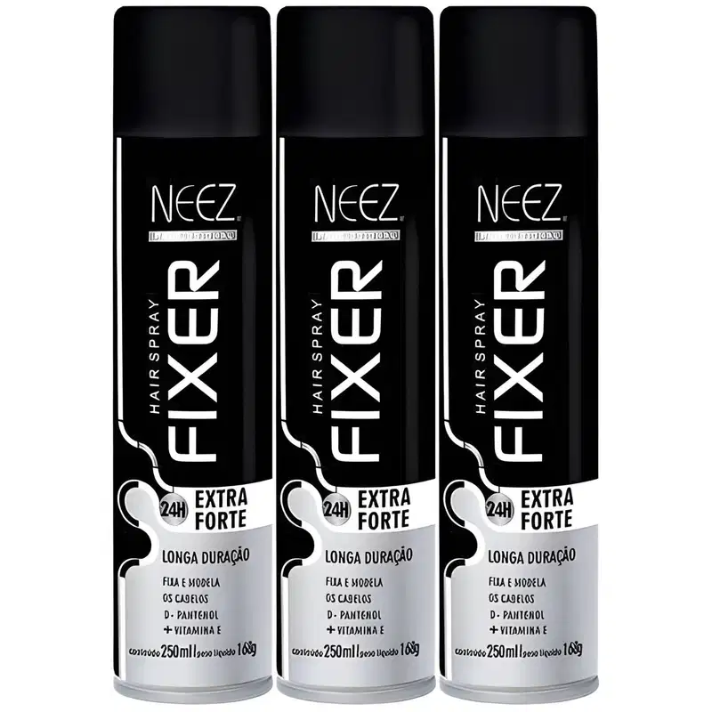 Kit 3 Spray Fixador De Cabelo Profissional Neez Laque Capilar Fixação Extra Forte 24 Horas 250ml