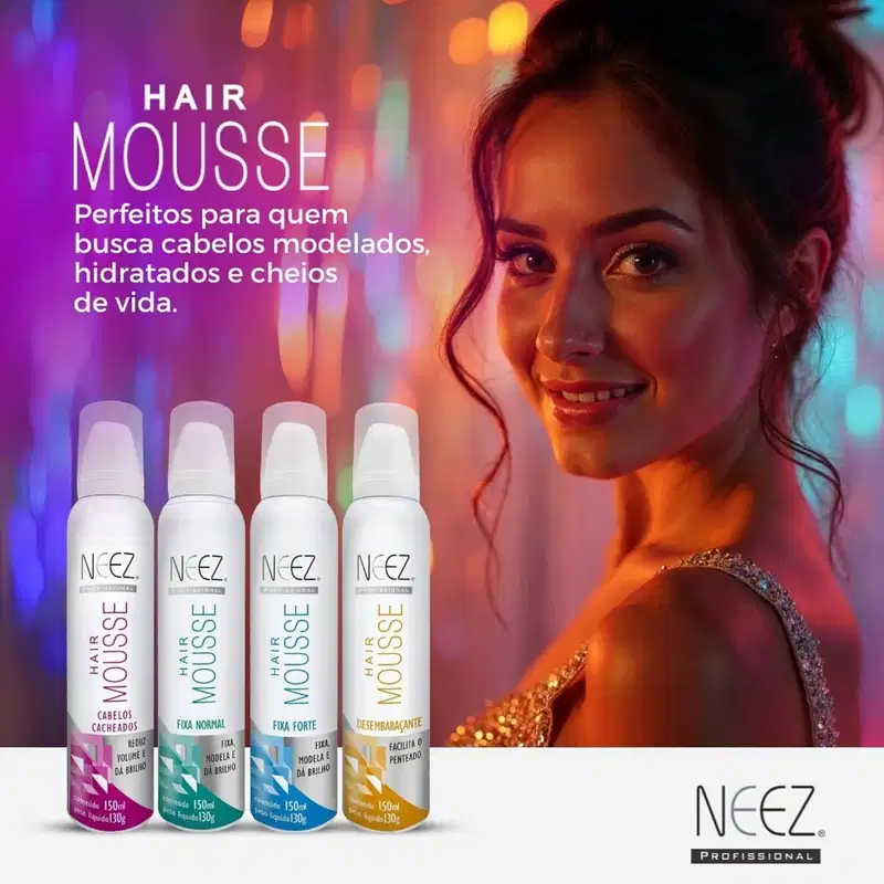 Kit 4 Mousse Fixador Capilar Neez Finalizador Penteado Hidratante Ação Rápida Fixação Normal 150ml