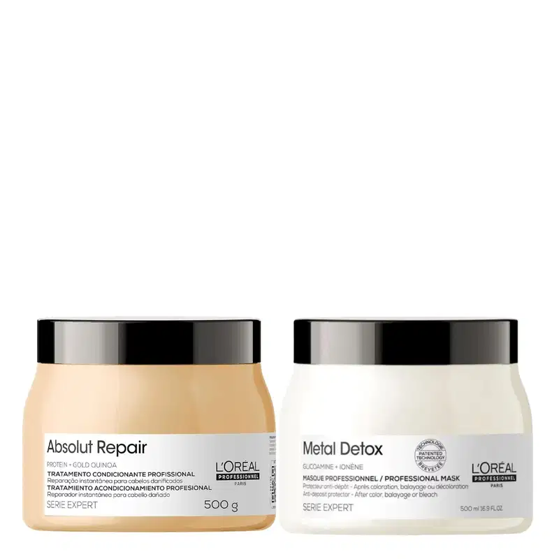 Duas máscaras de tratamento capilar da linha L'Oréal Professionnel: Absolut Repair e Metal Detox, em embalagens de 500g cada