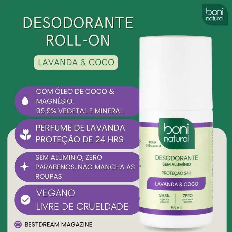 Kit 3 Desodorante Boni Natural Roll-On Natural Coco E Magnésio Vegano Lavanda 24Hrs Proteção 55ml