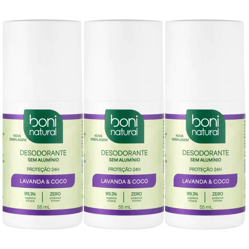 Kit 3 Desodorante Boni Natural Roll-On Natural Coco E Magnésio Vegano Lavanda 24Hrs Proteção 55ml