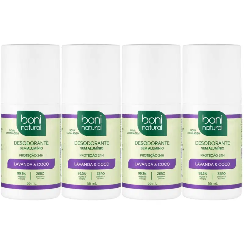 Kit 4 Desodorante Boni Natural Roll-On Natural Coco E Magnésio Vegano Lavanda 24Hrs Proteção 55ml