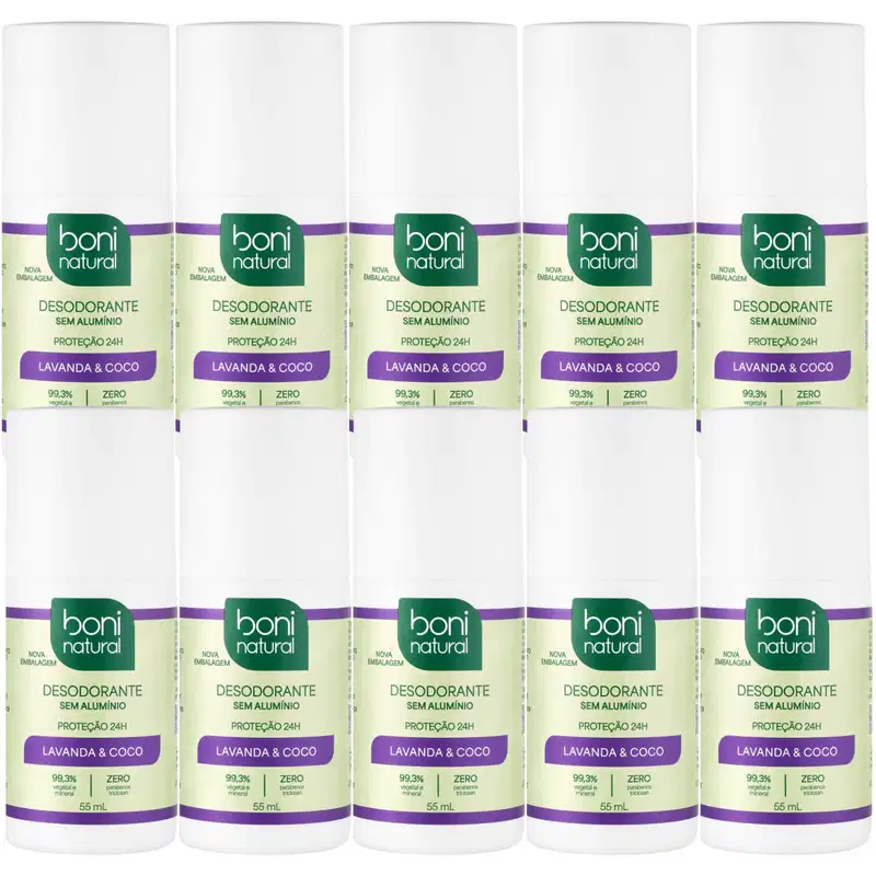 Kit 10 Desodorante Boni Natural Roll-On Natural Coco E Magnésio Vegano Lavanda 24Hrs Proteção 55ml