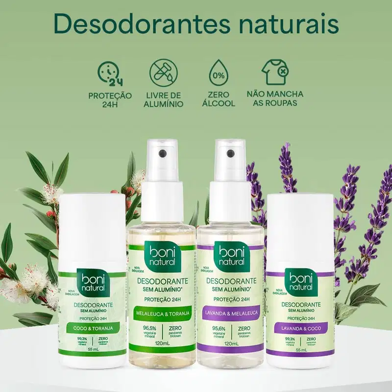 Kit 10 Desodorante Boni Natural Roll-On Natural Coco E Magnésio Vegano Lavanda 24Hrs Proteção 55ml