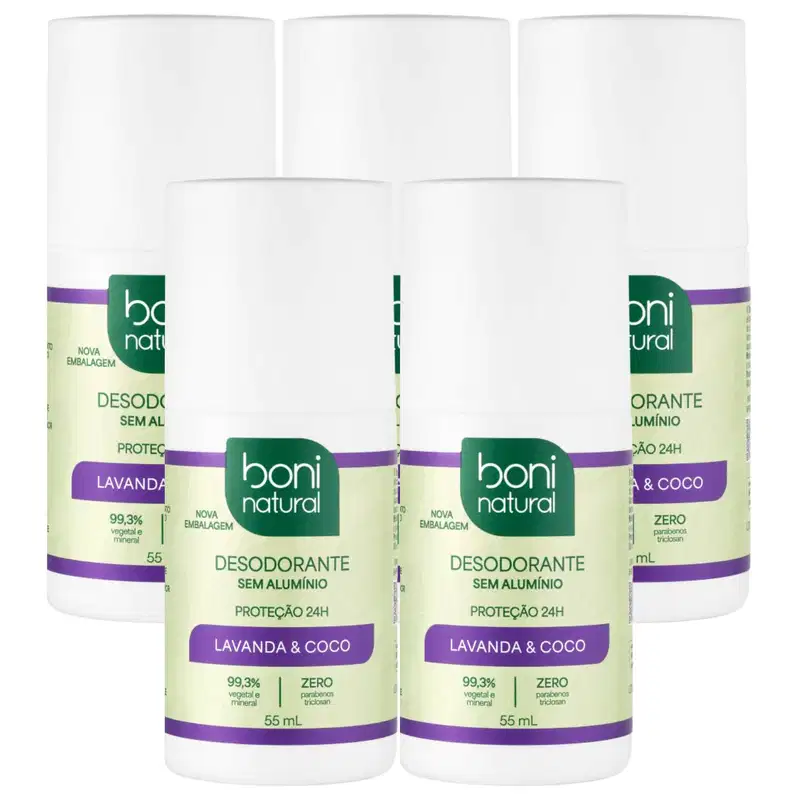 Kit 5 Desodorante Boni Natural Roll-On Natural Coco E Magnésio Vegano Lavanda 24Hrs Proteção 55ml