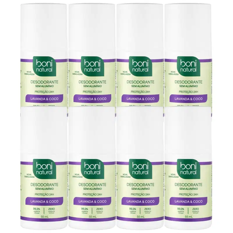 Kit 8 Desodorante Boni Natural Roll-On Natural Coco E Magnésio Vegano Lavanda 24Hrs Proteção 55ml