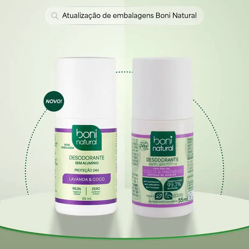 Kit 2 Desodorante Boni Natural Roll-On Natural Coco E Magnésio Vegano Lavanda 24Hrs Proteção 55ml