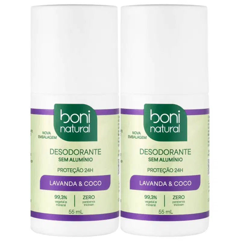Kit 2 Desodorante Boni Natural Roll-On Natural Coco E Magnésio Vegano Lavanda 24Hrs Proteção 55ml