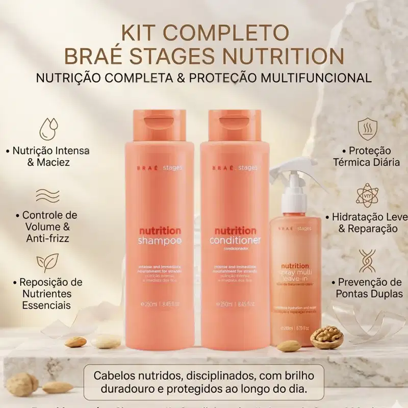 Kit Shampoo e Condicionador BRAÉ Stages Nutrition + Spray Finalizador 260ml