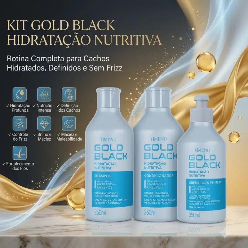 Kit Amend Gold Black Shampoo, Condicionador e Creme para Pentear Cachos