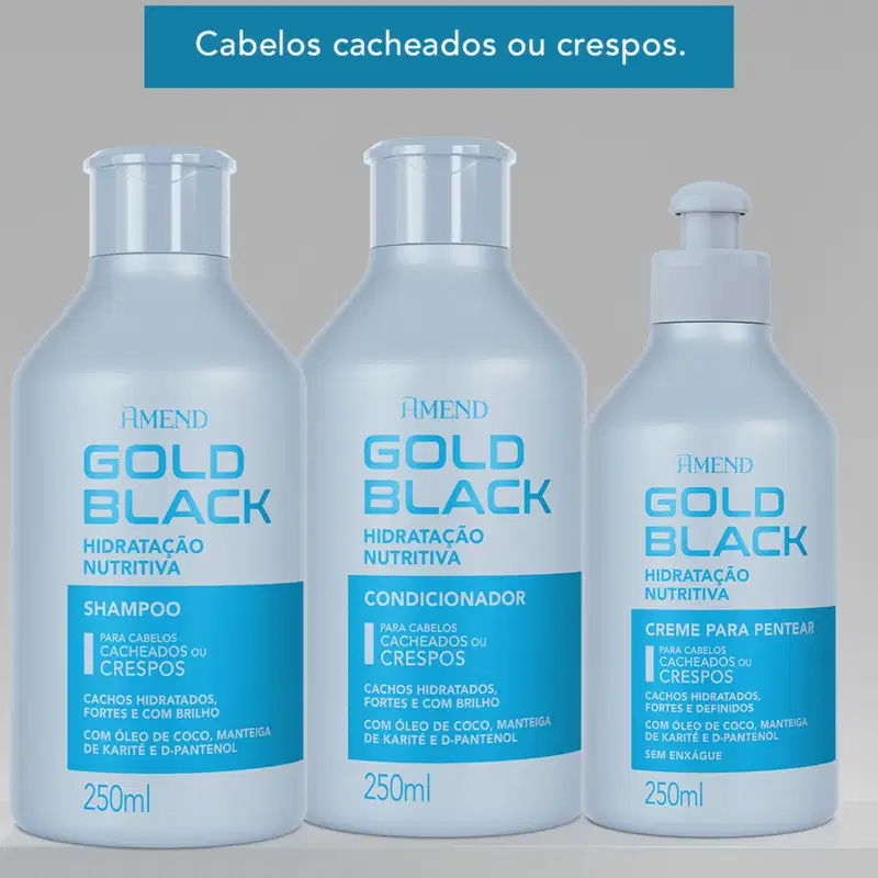 Kit Amend Gold Black Shampoo, Condicionador e Creme para Pentear Cachos
