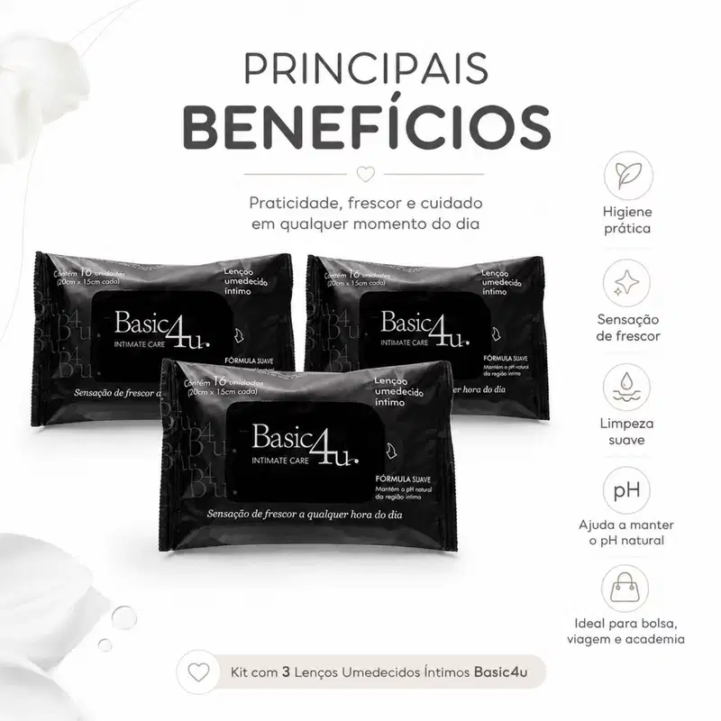 Kit Basic4u: 3 Lenços Umidecidos Íntimos Higiene e Frescor