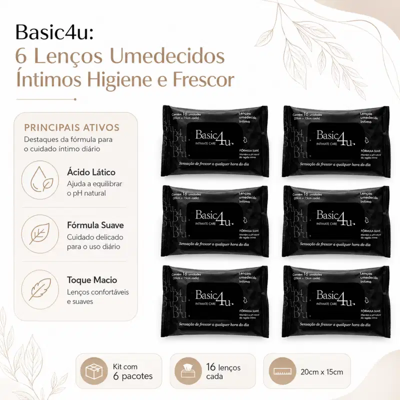 Kit Basic4u: 6 Lenços Umidecidos Íntimos Higiene e Frescor