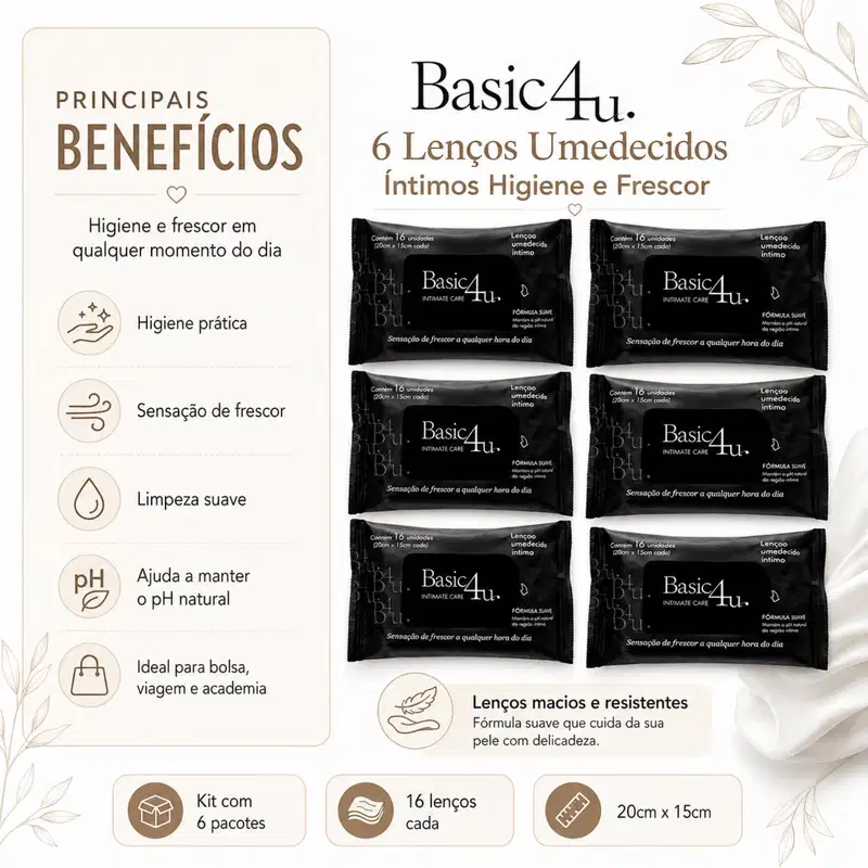 Kit Basic4u: 6 Lenços Umidecidos Íntimos Higiene e Frescor