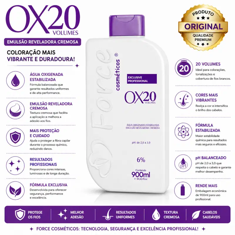 Emulsão Oxigenada Cremosa OX 20-Volume Profissional 900ml - Force Cosméticos