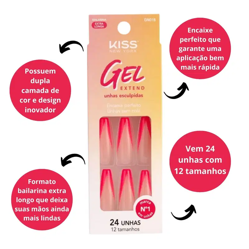 Unhas Postiças Kiss Ny Gel Extend Bailarina Com 24un Gn01b