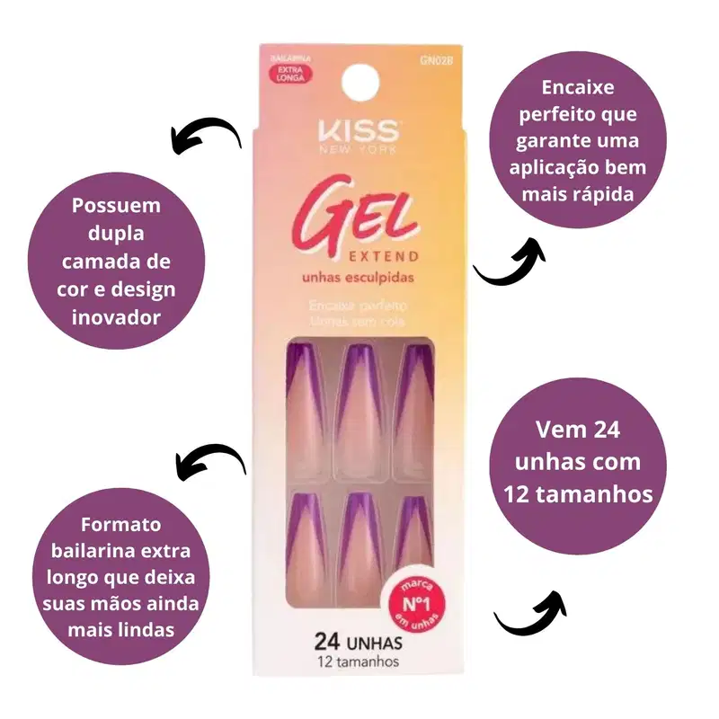 Unhas Postiças Kiss Ny Gel Extend Bailarina Com 24un Gn02b