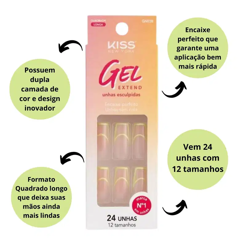 Unhas Postiças Kiss Ny Gel Extend Quadrada Com 24un Gn03b