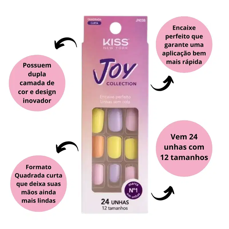 Unhas Postiças Kiss Ny Joy Collection Quadrada 24un Jn03b