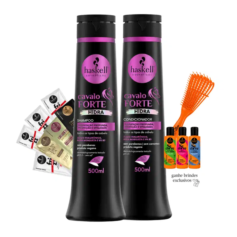 Kit Shampoo e Condicionador Hidratação e Crescimento Cavalo Forte Hidra Haskell 500ml + Brinde